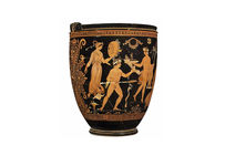 Vase à  figures rouges, dit « situle de Rothschild », représentant une scène  dionysiaque, attribuée au Peintre de Dublin, 360-350 av. notre ère, provenant  d'Apulie (Grande Grèce). Musée d'Art et d'Histoire, Genève. 
