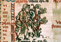Taille de la vigne, dans le Psautier cistercien, dit « de Bonmont », vers 1260, Ms 54, folio 2.Bibliothèque municipale, Besançon.