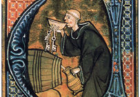 Moine goûtant du vin dans un cellier, illustration tirée de Li Livres dou sante, d'Aldobrandino da Siena, fin XIIIe, Sloane 2435, folio 44v.British Library, Londres.