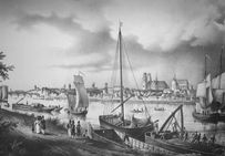 Gravure du XIXe siècle représentant le trafic fluvial sur la Loire à Orléans. Dès le Moyen Âge, la ville d'Orléans devient capitale du vinaigre.