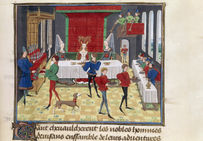 Banquet au palais du roi Yon, illustration extraite du manuscrit Renaut de Montauban, de David Aubert, vers 1462-1470, Arsenal Ms 5073 Res, folio 148.Bibliothèque de l'Arsenal, Paris.
