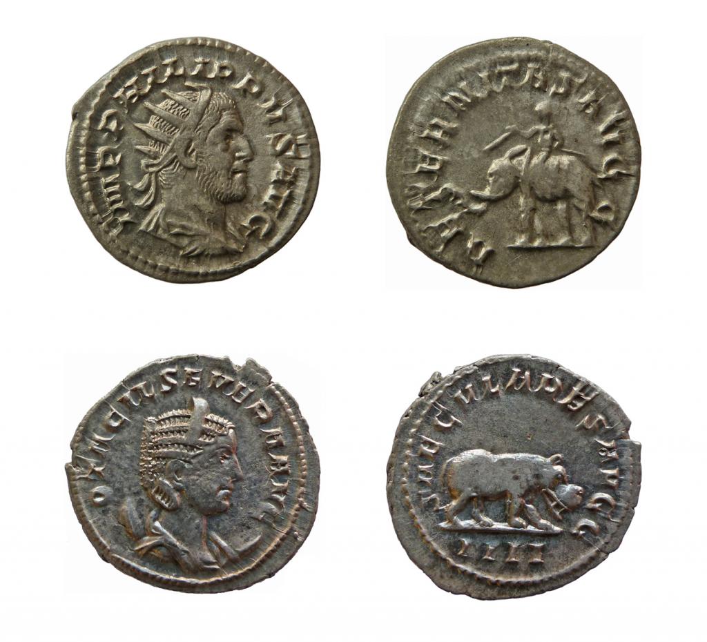 Fouille de Saint-Vulbas. Antoniniens en argent de Philippe Ier (244-249) et de son épouse Otascille Sévère commémorant le millénaire de la fondation de Rome, avec des animaux exotiques sur le revers.