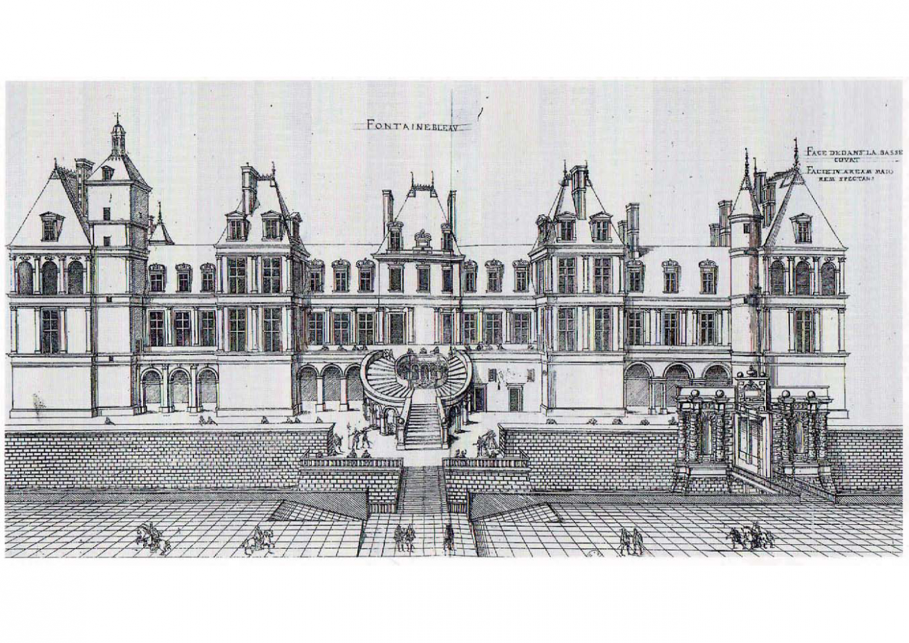 Gravure du château depuis la basse cour par Jacques Androuet du Cerceau. 