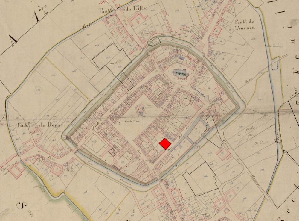 Le site du diagnostic reporté sur le cadastre d’Orchies de1817 (ADN FRAD059_P31_163). 