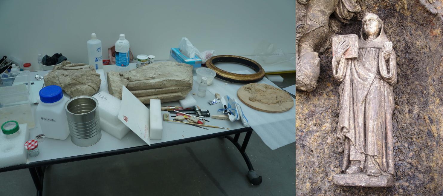 À gauche, les fragments du premier moine en cours de restauration et, à droite, le second tel qu’il a été retrouvé.