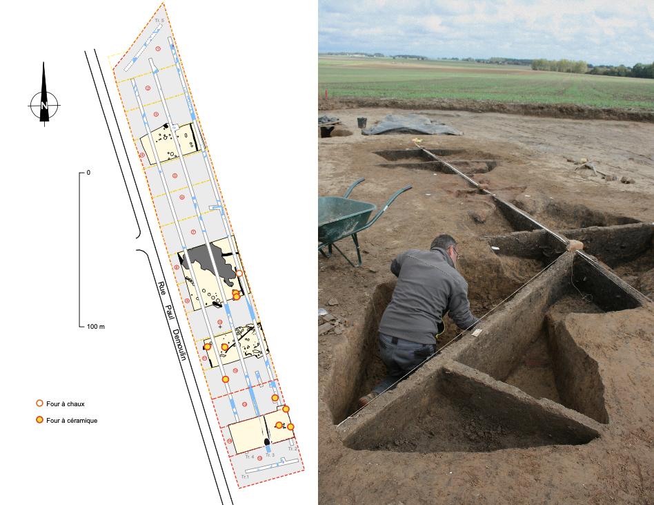 À gauche, un plan du lotissement rue Paul Demoulin à Montescourt-Lizerolles, sur lequel figurent les emplacements des fours mis au jour en 2019. À droite, les archéologues fouillent les fours par un système de quadrillage qui permet de mieux comprendre leur construction et leur abandon. En arrière-plan, vue sur le paysage où la voie vers Saint-Quentin et Vermand se situait.