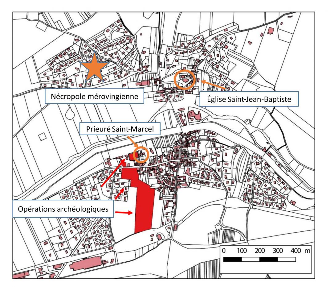 Localisation de la nécropole mérovingienne, des deux églises et des récentes opérations d’archéologie préventive. 