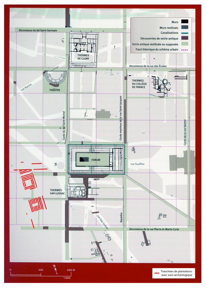 Plan du centre monumental de Lutèce au Haut-Empire, avec les principales artères produites par le quadrillage, sur fond de cadastre actuel.
