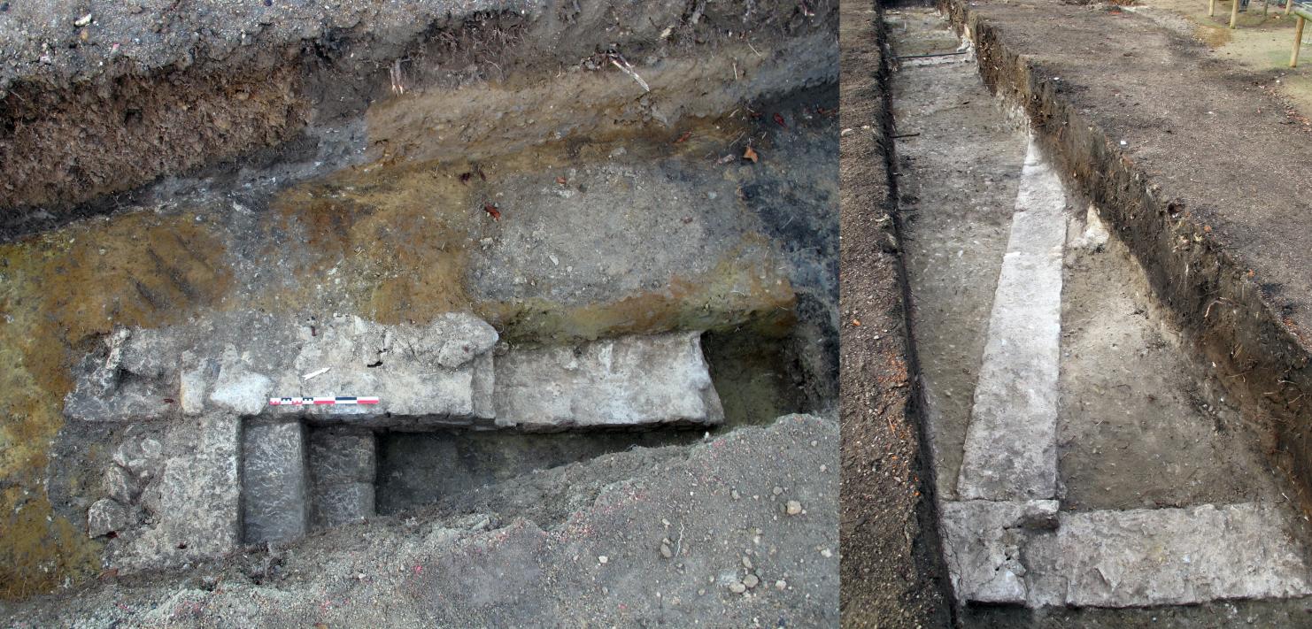 À gauche, l’escalier d’une cave parementée du Ier siècle de notre ère et, à droite, des murs orthogonaux de la trame urbaine maçonnée de Lutèce au Haut-Empire.