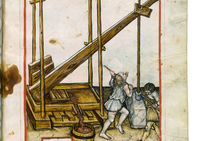 Pressoir, illustration extraite du Tacuinum sanitatis, vers 1390-1400, d'Albucassis