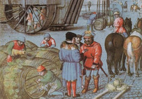 Le port de Bruges, enluminure extraite d'un calendrier réalisé par Simon Bening, début XVIe siècle, Clm 23638, folio 11v.Bayerisches Stadtbibliothek, Munich.