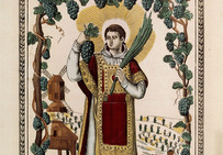 Saint Vincent, patron des vignerons, imagerie populaire religieuse de Pellerin à Épinal, 1836. Les vignerons l'auraient choisi comme saint patron parce que son nom renferme le mot « vin ».