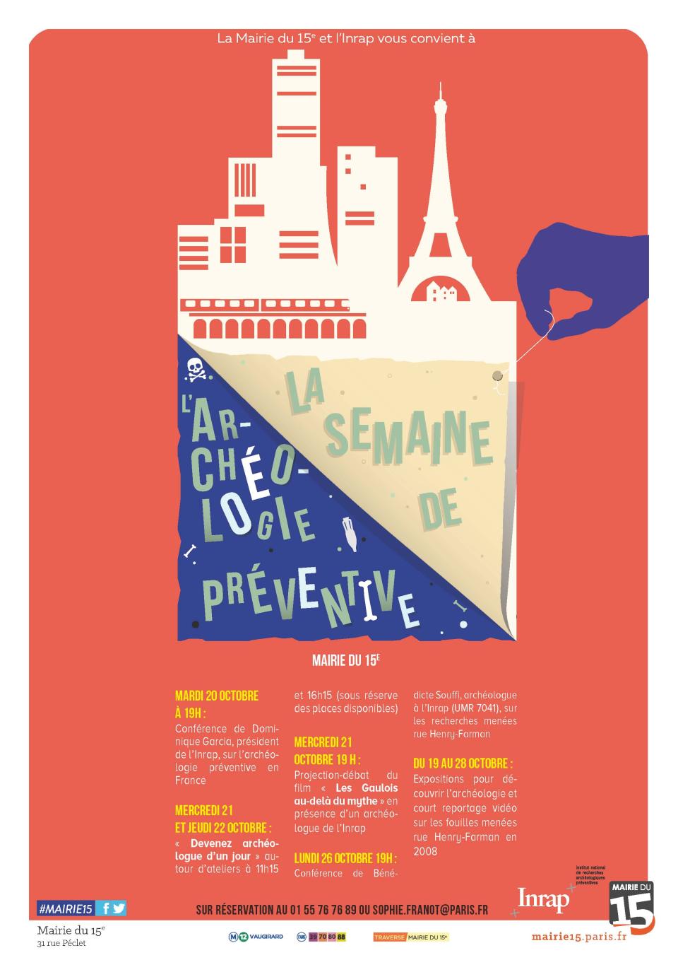 affiche semaine dédiée à l’archéologie préventive du 19 au 28 octobre 2015, à la mairie du XVe arrondissement de Paris