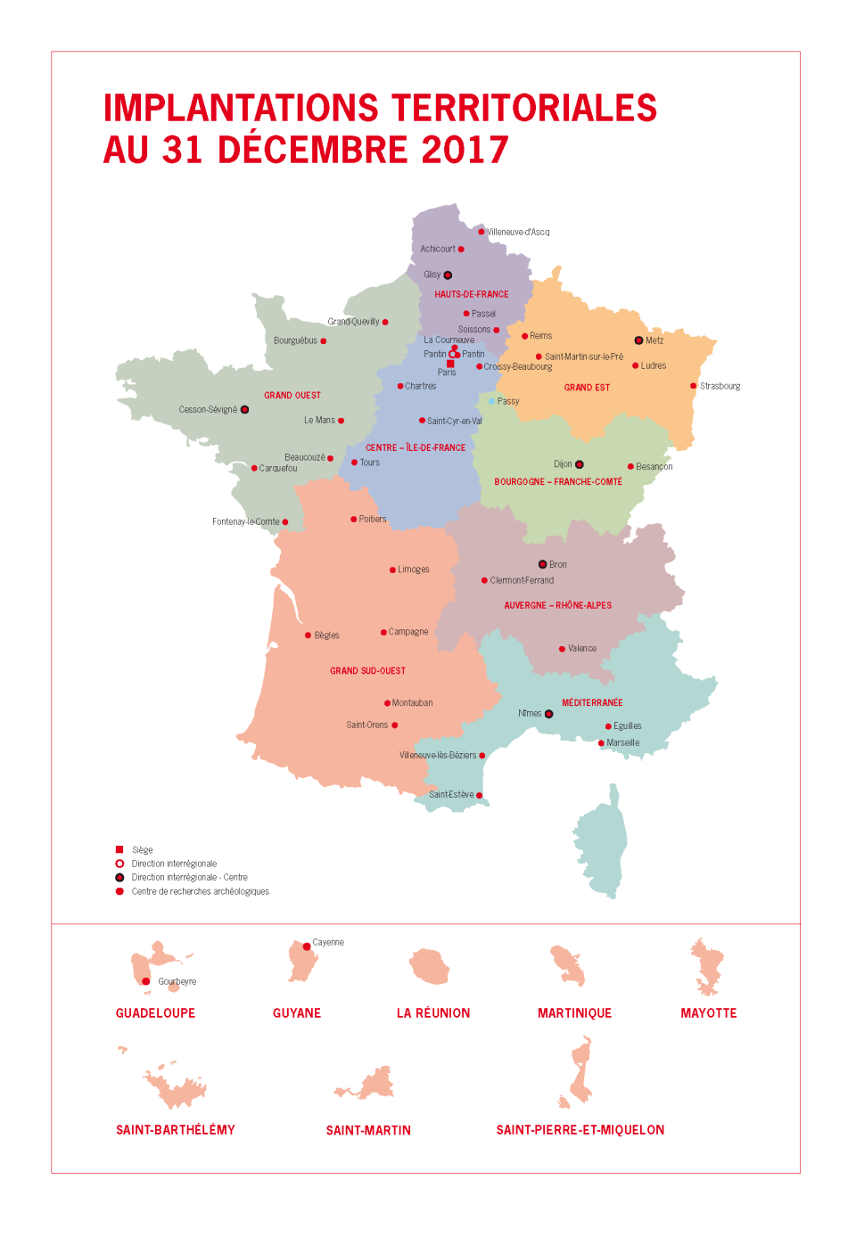 Carte des implantations territoriales de l'Inrap au 31 décembre 2017