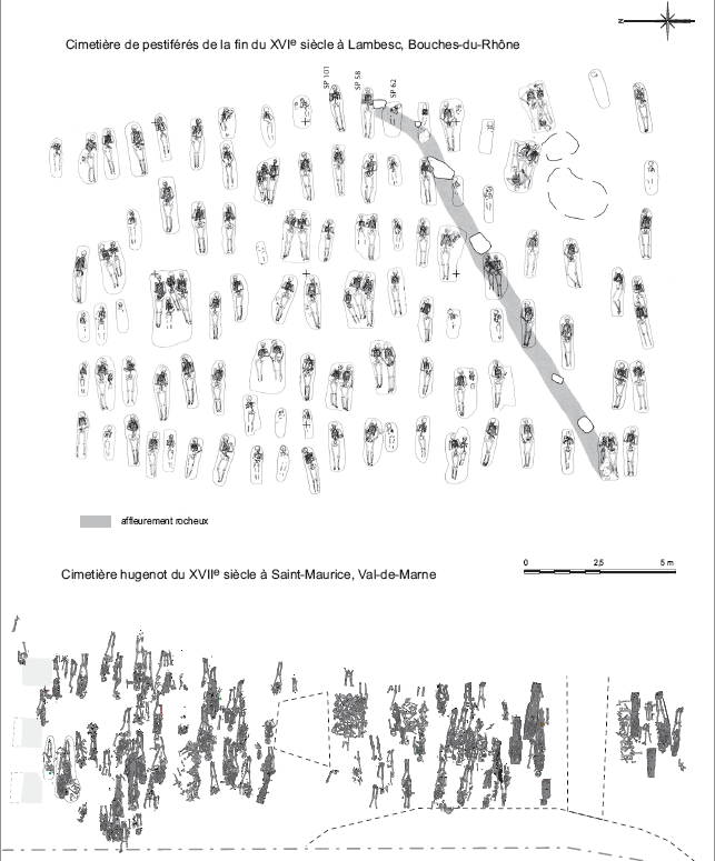 Comparaison entre les plans du cimetière huguenot du XVIIe siècle à Saint-Maurice, Val-de-Marne, et le plan de pestiférés de la fin du XVIe siècle à Lambesc, Bouches-du-Rhône.