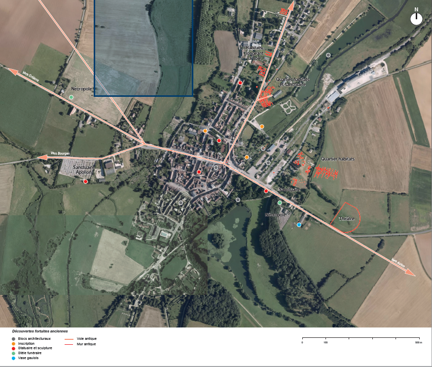 Localisation des vestiges d’époque romaine connus dans le bourg d’Entrains-sur-Nohain