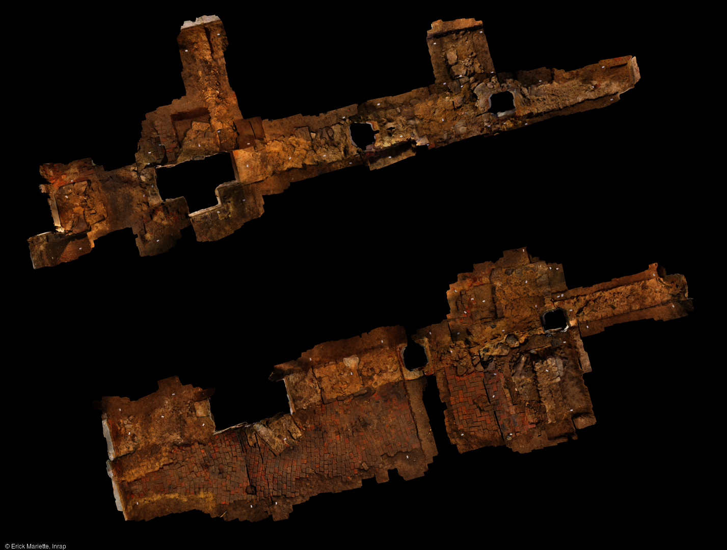 Orthophotographie résultant de la photogrammétrie (vue zénithale) effectuée dans l'église Sainte-Benoite de Lerzy (Aisne) et dévoilant les vestiges de l'église romane (XIe-XIIe siècles).