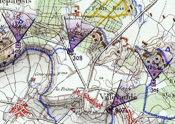 Extrait de la carte de mars 1915 figurant la batterie 308, symbolisée par un carré violet, desservie par une voie ferrée) de 60, nantie d’un observatoire et armée de 4 canons de 120 mm long. Service Historique de la Défense, cote 23 N 72, document communiqué par G. Mercé (Inrap)