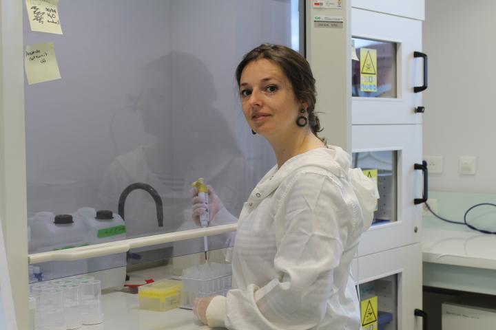 Klervia Jaouen (chercheure CNRS) en salle grise où peuvent être préparées les analyses isotopiques du strontium.