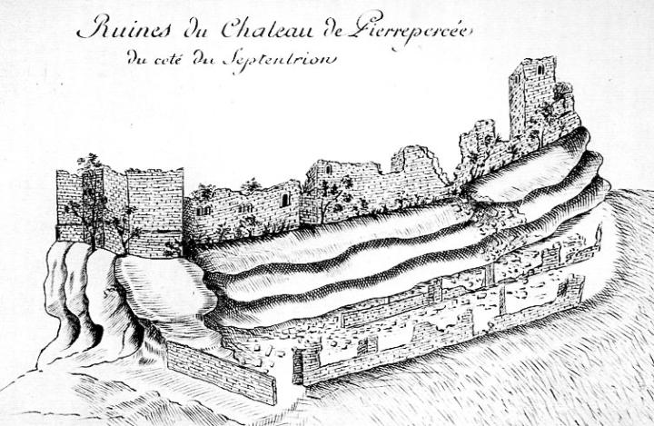 Dessin de la face nord des ruines du château de Pierre-Percée, Charles-Ambroise Pelletier (1755), tiré de la Description de la principé de Salm