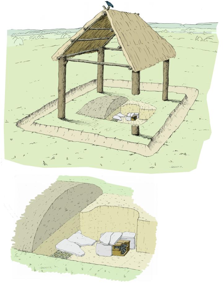 Proposition de restitution du monument funéraire quadrangulaire et de l’incinération. 