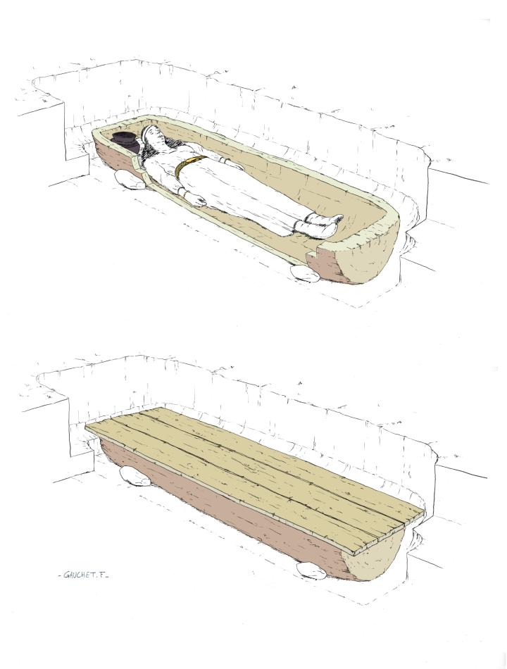 Proposition de restitution de l’inhumation, avec sa tombe monoxyle. 