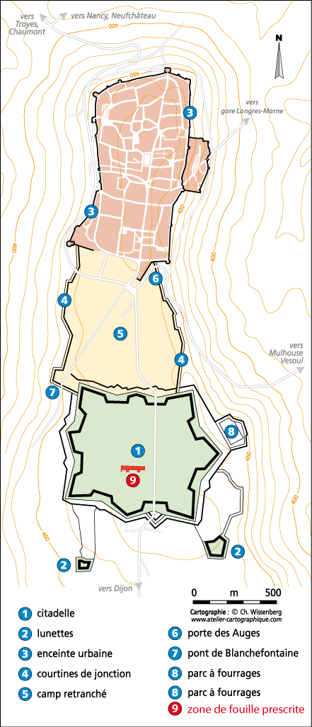 Plan de la citadelle de Langres avec report de la zone de fouilles prescrite.