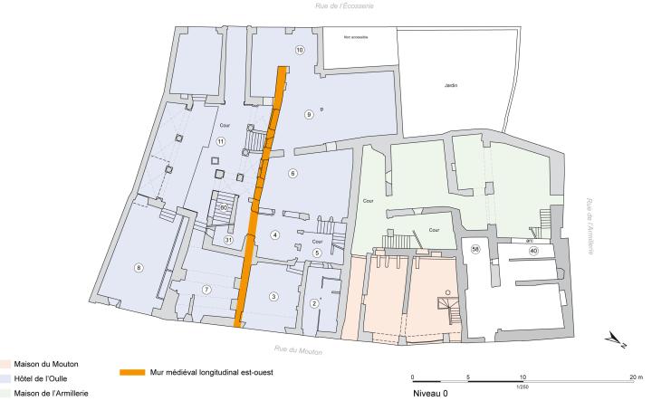 Hôtel de Loulle, mur médiéval longitudinal d’axe est-ouest. Relevé et mise au net.