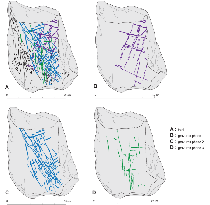 Dessin fait à partir des photo RTI d’une des dalles brisées du site mégalithique de Massongy (Haute-Savoie) avec toutes les phases de gravures restituées. Dessin fait à partir des photo RTI d’une des dalles brisées du site mégalithique de Massongy (Haute-Savoie) avec toutes les phases de gravures restituées.