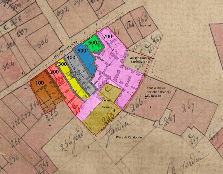 Les différentes maisons du projet « Coeur de ville » sur le cadastre napoléonien de 1824. À cette période, la rue Jean Jaurès n’est pas encore percée. Les différentes maisons du projet «Coeur de ville» sur le cadastre napoléonien de 1824. À cette période, la rue Jean Jaurès n’est pas encore percée.