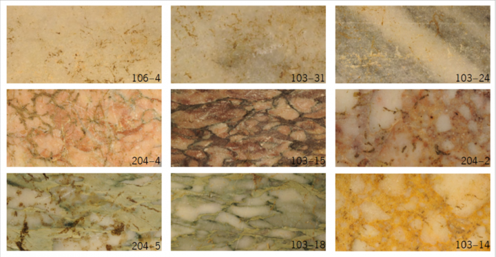 Échantillonnage des différents marbres utilisés en revêtement des murs sur le site à l’époque romaine. 
