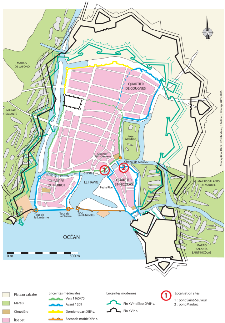 Plan restitué des fortifications de La Rochelle aux époques médiévales et modernes.