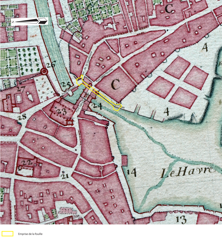 Plan du quartier Saint-Sauveur et Saint-Nicolas avec les ponts Maubec et Saint-Sauveur. Plan attribué à Claude Masse, 1688.