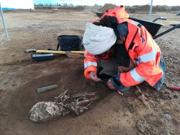 Fouille d'une tombe datant du néolithique (autour de 5300 avant notre ère). Le défunt est accompagné d'une herminette, un outil en pierre polie utilisé pour défricher et cultiver.