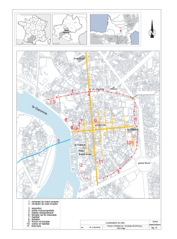 Plan antique de Toulouse et localisation du site