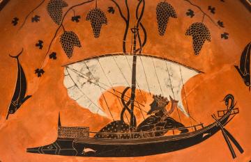 Dionysos dans un bateau, naviguant parmi des dauphins