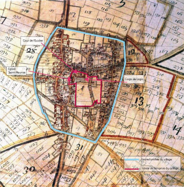 Plan de 1688, le plus ancien de Nanterre, où le collège figure déjà au centre du village.