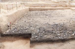 Une aire de cuisson et de consommation de palourdes vue en coupe, site du lot 73 à Saint-Martin (Petites Antilles), phase 2, 1500-1160 av. J.-C.