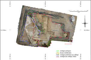 4. Orthophotographie qui permet de visualiser les différentes périodes mises au jour sur les 380 m² fouillés