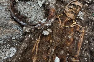 Accompagné de bijoux en or, le prince de Lavau est allongé sur la caisse d'un char dont il subsiste une roue. Il a été retrouvé dans un complexe funéraire daté du Ve s. avant notre ère, à Lavau (Aube) 2015.