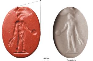 Intaille en jaspe rouge représentant un dieu lare portant dans sa main droite une patère et dans sa main gauche des épis de blé remplaçant la corne d'abondance.
