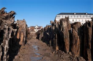 Pieux délimitant le couloir du cours d’eau desservant les tanneries. Fouille de l'Hôtel du Département à Troyes (Aube), 2010.  Le canal (1,20 m de large pour 2 m de profondeur), aménagé au XIIIe s., acheminait  l'eau claire nécessaire au nettoyage des pea