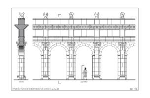 Hypothèse provisoire de restitution d'une section de la façade monumentale du sanctuaire du IIe s. de notre ère mis au jour à Pont-Sainte-Maxence (Oise), 2014.