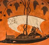 Dionysos dans un bateau, naviguant parmi des dauphins
