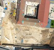 Vue aérienne du chantier de fouilles de l’îlot des Minimes, Mâcon