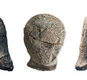 Tête sculptée en ronde bosse réalisée à partir d’un bloc de roche fine et foliée (H. 15,4 cm, L. 10 cm, l. 7,5 cm) d’origine probablement locale (IIe s. av. J.-C.), Boufféré, La Limouzinière, Fouille M. Le Saint Allain, Inrap, 2015.