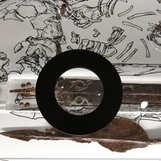 Jeu de loupe sur l'armature de lance et  les griffons décorant le fourreau de Vereître. 