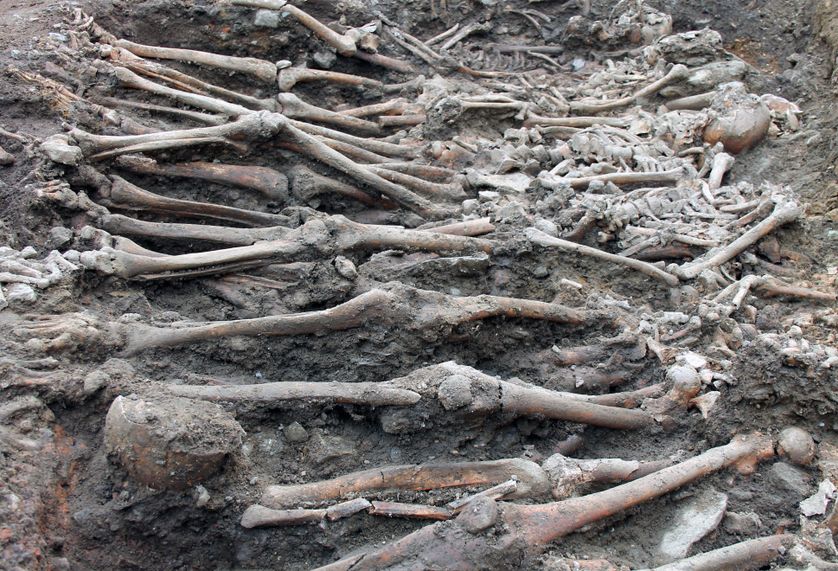 Superposition des squelettes dans la tombe attribuée au camp royal pendant le siège de Rennes en 1491.