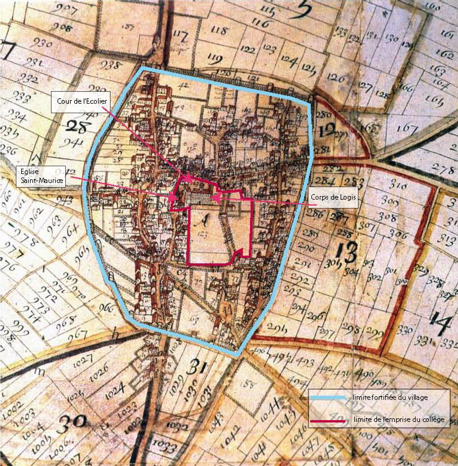 Plan de 1688, le plus ancien de Nanterre, où le collège figure déjà au centre du village Plan de 1688, le plus ancien de Nanterre, où le collège figure déjà au centre du village.