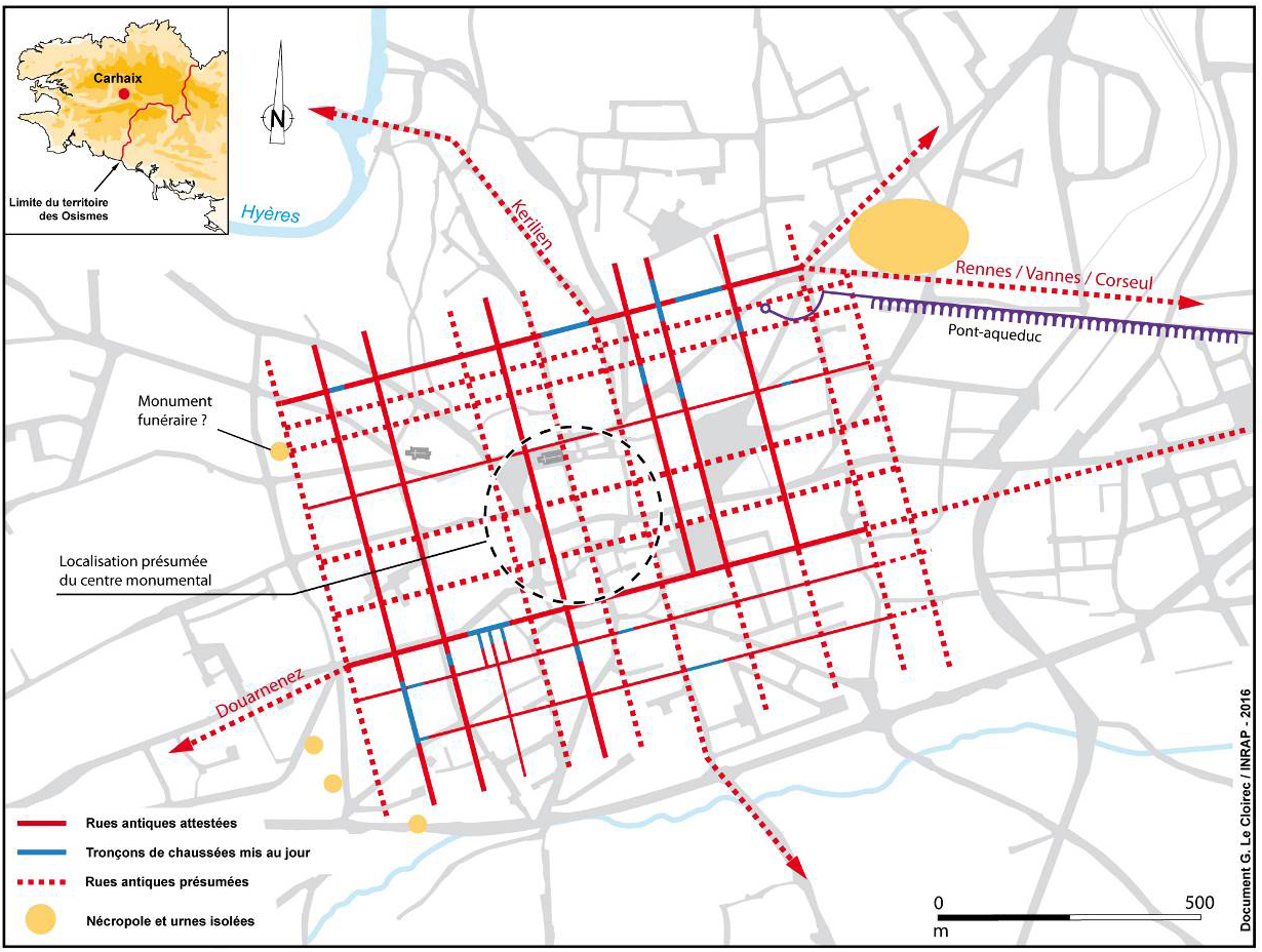 Plan de la ville antique de Carhaix établi à partir des informations issues des interventions archéologiques réalisées depuis 1994 Plan de la ville antique de Carhaix établi à partir des informations issues des interventions archéologiques réalisées depuis 1994